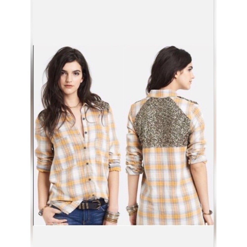 Free People Little Bit Of Sugar Flannel Button-Up Shirt with Sequined Back
